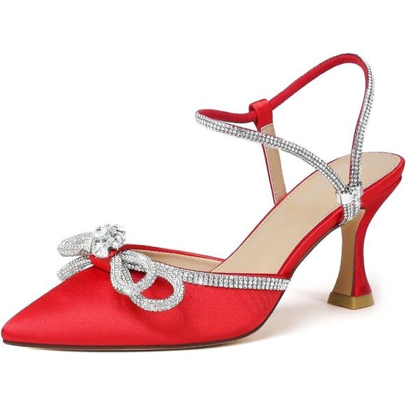 ⭐Women's Closed Toe Rhinstone Strap Pointed Toe Red-bow Pumps Low Heel